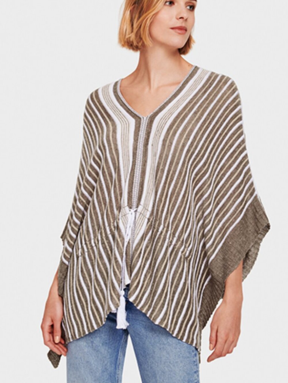 NEW! White + Warren Linen V Striped Tassel Tie Caftan XS/S, Coffee/White